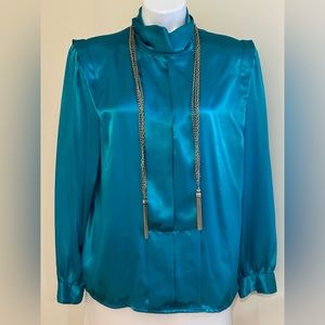 Melrose Option Vintage Shiny Blue/Green Satin Long Sleeves Pleated Front  Sz 12